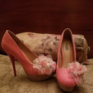 Coral faux cork platform heel with fabric & tulle flower detail & linen upper